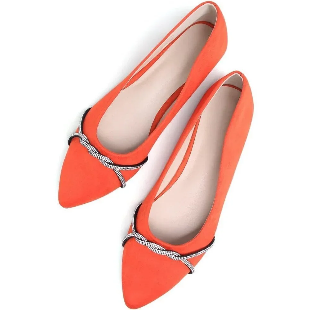 Women's Orange Casual Flats Fashion Chain Pointed Toe Ballet Flat Rhinestone